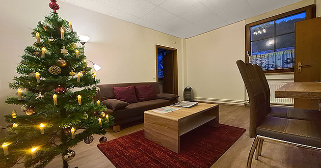 Geschmückter Weihnachtsbaum im Wohnzimmer der Mittelrhein-Ferienwohnung
